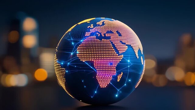 Stylish globe illustration with dotted continents and glowing lights for modern design and presentations
