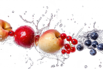 Fresh red and yellow apples alongside red currants and dark blueberries splashing into clear water. creating a dynamic and refreshing scene ideal for food photography