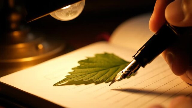 Leaf on notebook with pen under warm light for botanic study