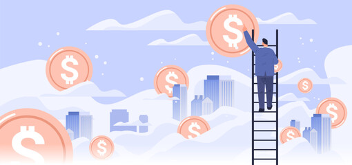 Businessman climbing ladder reaching dollar coins financial success cityscape background clouds modern flat design