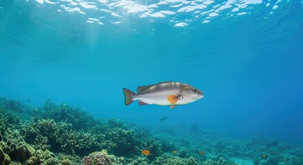 A fish swimming in clear blue water with a coral reef in the background.