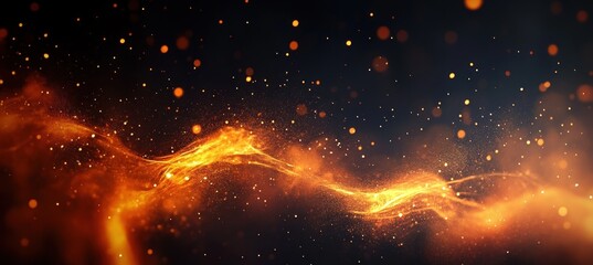 Glowing orange and yellow particle stream flowing dynamically against a dark background creating a vibrant energetic atmosphere
