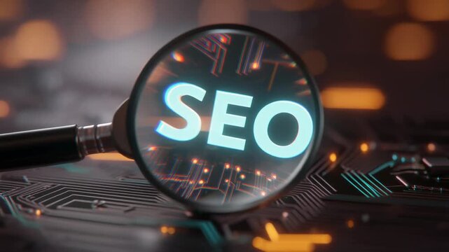 Magnifying glass highlighting SEO text on a modern circuit board background for digital marketing concepts