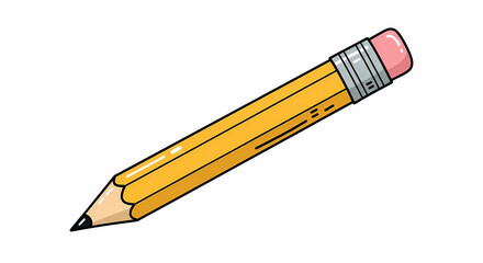 A sharp yellow wooden pencil with a pink eraser, ready for writing or drawing, isolated on white background