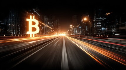 Digital Bitcoin Symbol Bright Orange on Futuristic Cityscape at Night