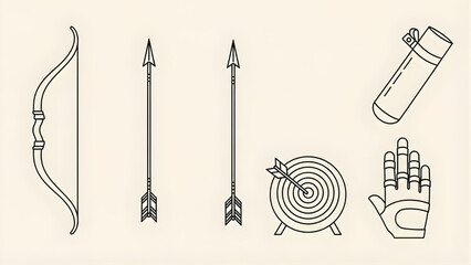 Archery equipment icons bow, arrow, target, quiver, glove set, outline design, vector illustration