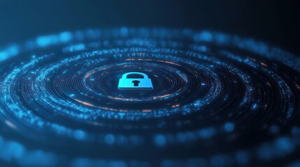 Blue digital lock icon surrounded by glowing circular rings of data, symbolizing cybersecurity and data protection in a futuristic environment