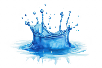 A watercolor splash depicting a crown of water droplets emerging from a serene blue pool. illustrating the beauty of fluid dynamics in a minimalist artistic style