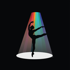 Elegant Dancer Silhouette in colorful Spotlight Cone, Creative Stage Performance