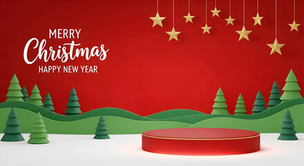 Celebrate a magical Christmas season with festive trees and golden stars, perfect for holiday greetings and seasonal promotions, add your product on the red podium.