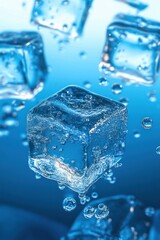 Close-up of multiple ice cubes submerged in water with bubbles surrounding them against a blue background
