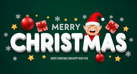 Wishing you a Merry Christmas with festive cheer and holiday spirit, featuring charming elf, ornaments, gifts and snowflakes on a vibrant green backdrop.