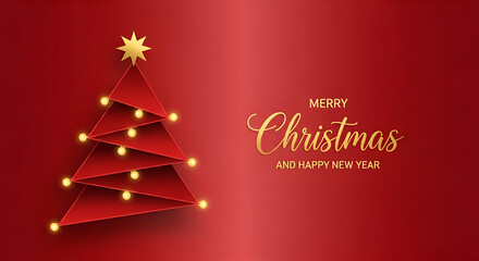 Elegant Merry Christmas and Happy New Year greeting with a modern red geometric Christmas tree and golden accents on a festive red background for joyful holiday wishes.