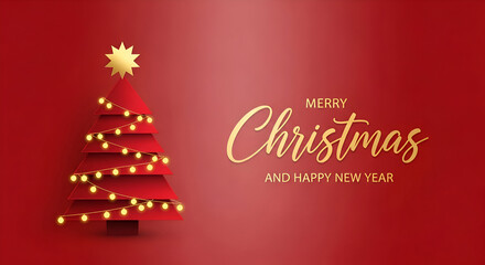 Elegant Merry Christmas and Happy New Year greeting with a modern red geometric Christmas tree and golden accents on a festive red background for joyful holiday wishes.