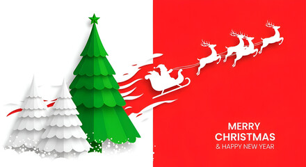 Spread holiday cheer with this festive papercut featuring Santa's reindeer and Christmas trees, perfect for vibrant season's greetings and joyful celebrations.