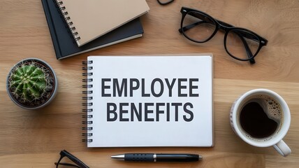 Office workspace flat lay displays a notebook with human resource terminology written on white paper