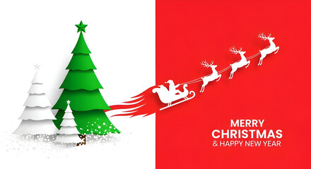 Spread holiday cheer with this festive papercut featuring Santa's reindeer and Christmas trees, perfect for vibrant season's greetings and joyful celebrations.