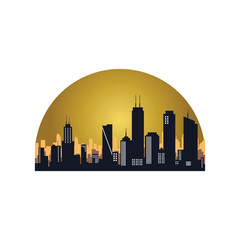 City Skyline Silhouette with Golden Semicircle, Urban Sunset or Sunrise Concept