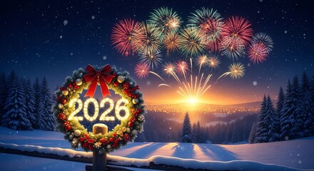New Year 2026 celebration with festive wreath, colorful fireworks over snowy winter landscape and city lights at sunset.