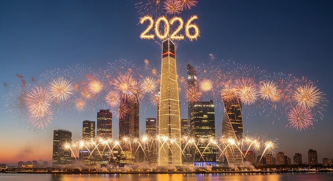Spectacular 2026 New Year fireworks illuminate a modern city skyline at dusk.