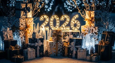 Illuminated 2026 numbers surrounded by elegant Christmas gifts, frosted branches, and icicles on snow