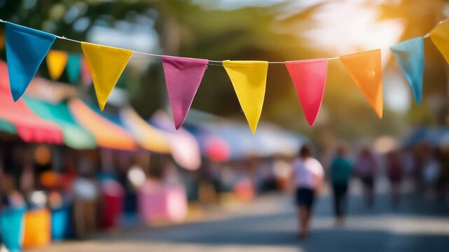 Colorful festive bunting flags in a vibrant market setting for joyous celebrations and events