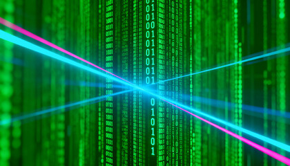 Abstract Digital Matrix Background with Green Binary Code and Light