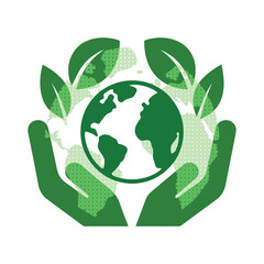 Vector illustration of green hands holding the earth with leaves, symbolizing eco care, nature protection, sustainability, and environmental responsibility. Flat design with halftone texture.