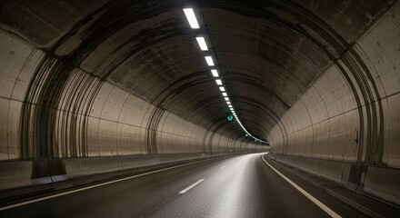Empty tunnel with white lights and a curved road.