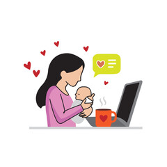 Mother Working Remotely While Holding Baby, Love and Multitasking Concept