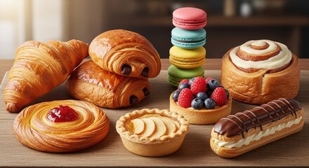 A variety of pastries and desserts on a wooden table.