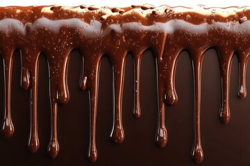 Decadent melted chocolate dripping in glossy rivulets and droplets over a dark background, evoking indulgence and temptation