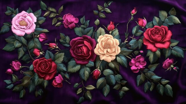 Embroidered bouquet of red, pink and cream roses with buds and green leaves on deep purple fabric, evoking romantic elegance and timeless charm