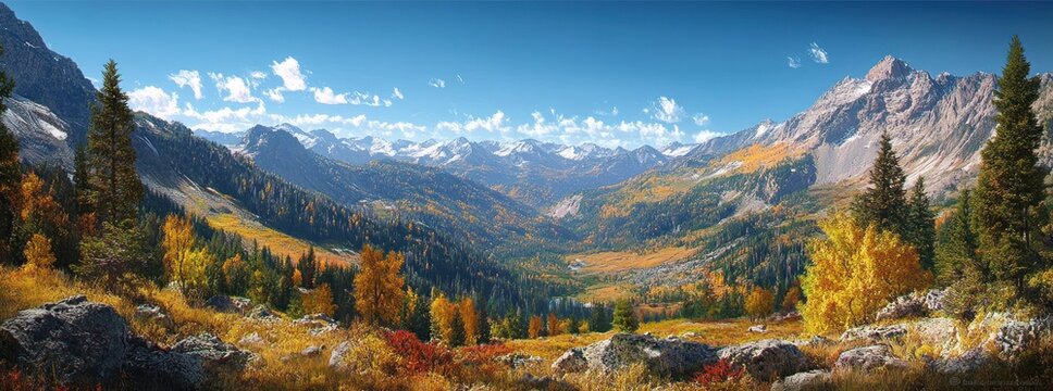 Panoramic autumn mountain valley with snow-capped peaks, golden and red trees, rocky foreground and clear blue sky evoking peaceful awe