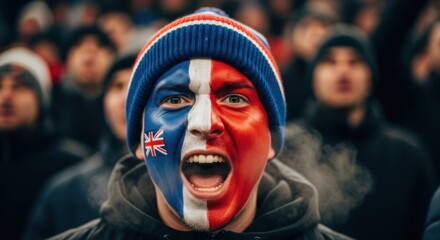 Enthusiastic fan with face paint and beanie screaming in a crowd at a sporting event outdoors