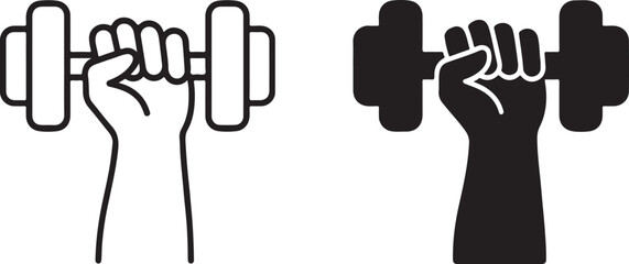 Hand gripping a dumbbell, symbolizing strength, fitness, and exercise. outline and solid silhouette vector illustrations for workout concepts. isolated on white background, Vector