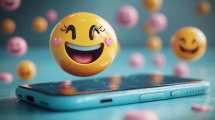 glossy yellow heart-eyed smiley emoji spheres floating above a blue smartphone on a soft pastel background, playful joyful cheerful mood