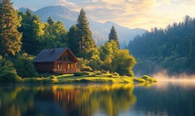 wooden log cabin on a lakeshore surrounded by pine forest and misty mountains at golden hour, calm water reflecting the scene, serene and peaceful mood