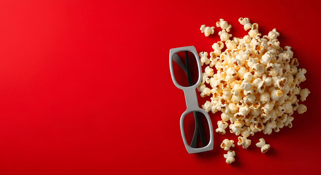 Fun flat lay showing a large bowl of popcorn with sunglasses scattered around on a bright red background. - Powered by Adobe