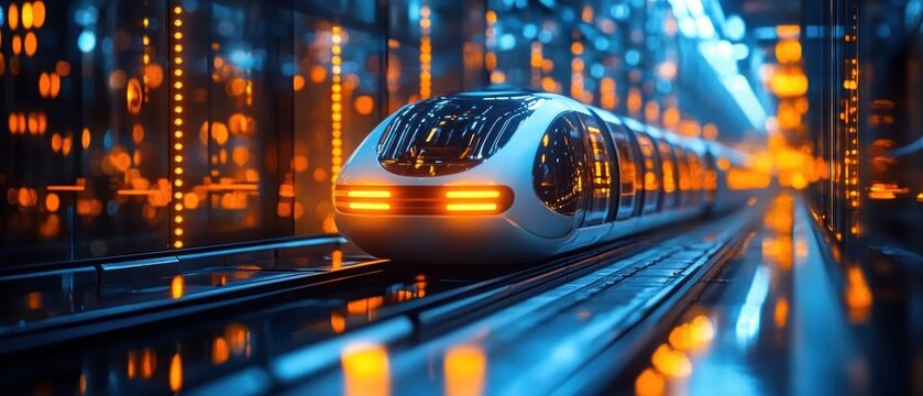 futuristic high-speed train gliding through a neon-lit underground station with sleek white cars reflecting blue and orange lights, dynamic and futuristic atmosphere