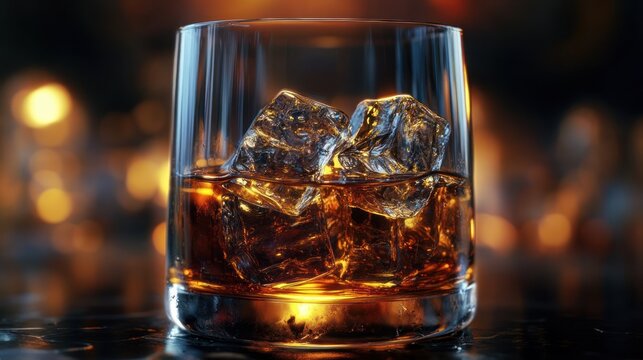 close-up of a glass tumbler with amber whiskey and melting ice cubes on a reflective surface, warm bokeh lights creating a cozy sophisticated mood