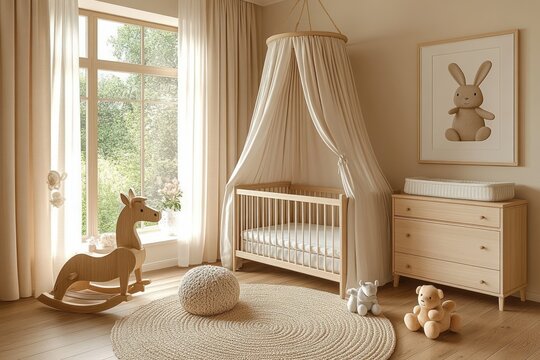 Sunlit neutral baby nursery with wooden crib draped canopy, rocking horse, plush toys, dresser with changing pad, woven round rug and pouf, soft curtains, warm cozy serene atmosphere