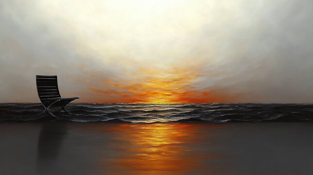 Solitary lounge chair on a quiet beach at sunset with orange sky, gentle waves and reflective wet sand evoking calm and contemplative solitude - Powered by Adobe
