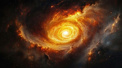 Obraz premium Fiery golden spiral nebula with a brilliant glowing core and swirling cosmic clouds evoking awe and cosmic energy