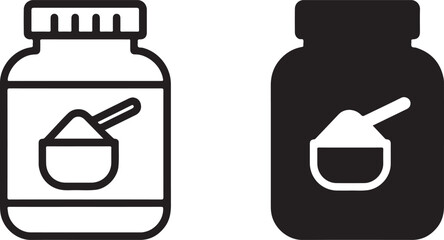 Supplement powder jar with scoop icon set, protein fitness nutrition graphic, workout recovery, health product, gym equipment element isolated on white background, Vector