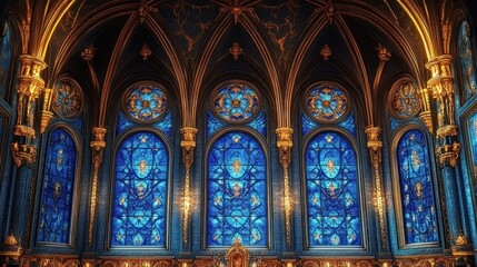 Majestic gothic chapel interior with five tall blue stained glass windows, gilded arches and columns, ornate vaulted ceiling and altar evoking serene reverence and awe
