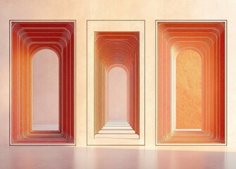 three tall layered arched doorways with concentric frames in warm orange and red gradients, central stairway, minimalist interior with soft light evoking calm and contemplative mood