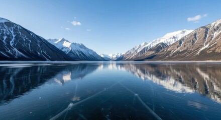 A scenic view of a frozen lake reflecting snow capped mountains under a clear blue sky in winter