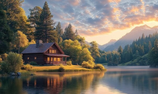 Cozy glowing log cabin on the shore of a tranquil mountain lake at sunset, surrounded by pine forest, misty reflections and a golden cloud-filled sky, peaceful and warm - Powered by Adobe