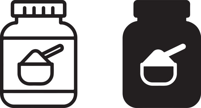Supplement powder jar with scoop icon set, protein fitness nutrition graphic, workout recovery, health product, gym equipment element isolated on white background, Vector